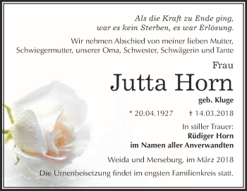 Traueranzeige von Jutta Horn von Super Sonntag Merseburg