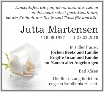 Traueranzeige von Jutta Martensen von Mitteldeutsche Zeitung