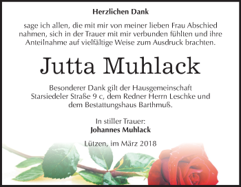 Traueranzeige von Jutta Muhlack von Mitteldeutsche Zeitung Weißenfels
