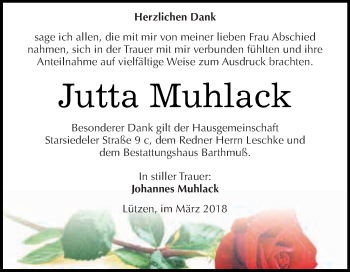 Traueranzeige von Jutta Muhlack von WVG - Wochenspiegel NMB / WSF / ZTZ