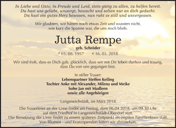Traueranzeige von Jutta Rempe von Mitteldeutsche Zeitung Merseburg/Querfurt