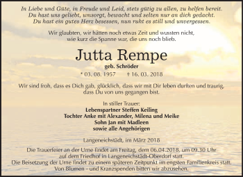 Traueranzeige von Jutta Rempe von WVG - Wochenspiegel Merseburg