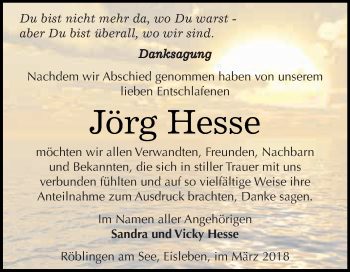 Traueranzeige von Jörg Hesse von Super Sonntag SGH Mansf. Land