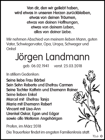Traueranzeige von Jörgen Landmann von Super Sonntag Zeitz