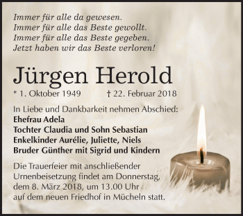Traueranzeige von Jürgen Herold von Mitteldeutsche Zeitung Merseburg/Querfurt