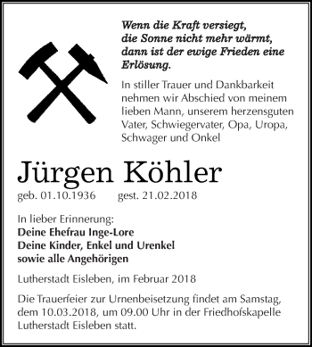 Traueranzeige von Jürgen Köhler von Super Sonntag SGH Mansf. Land