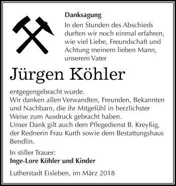 Traueranzeige von Jürgen Köhler von Super Sonntag SGH Mansf. Land