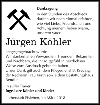 Traueranzeige von Jürgen Köhler von Mitteldeutsche Zeitung