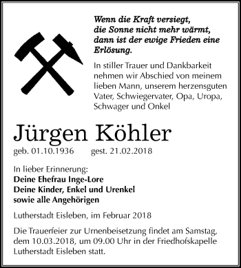 Traueranzeige von Jürgen Köhler von Mitteldeutsche Zeitung