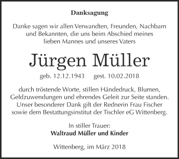 Traueranzeige von Jürgen Müller von WVG - Wochenspiegel Wittenberg