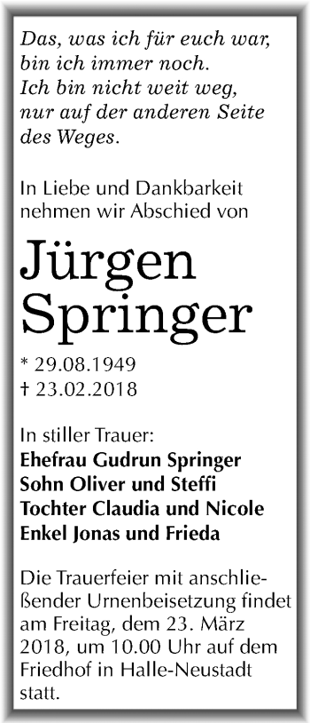 Traueranzeige von Jürgen Springer von Mitteldeutsche Zeitung Halle/Saalkreis