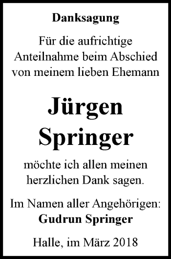 Traueranzeige von Jürgen Springer von Mitteldeutsche Zeitung Halle/Saalkreis