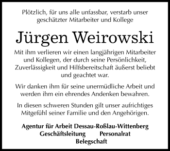 Traueranzeige von Jürgen Weirowski von Mitteldeutsche Zeitung Bitterfeld