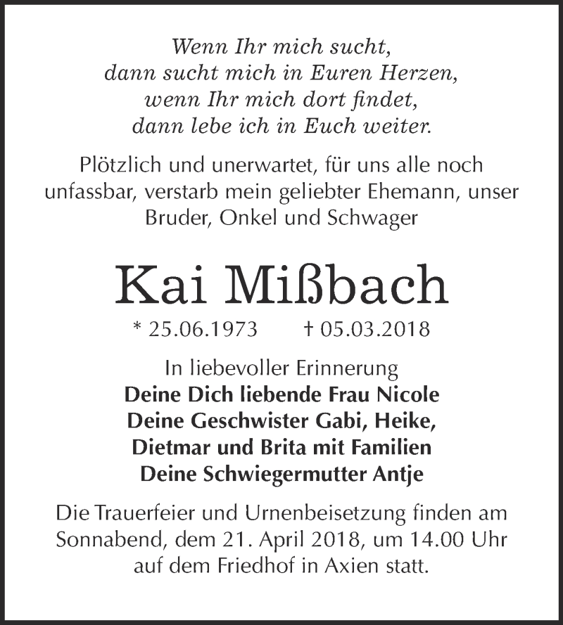  Traueranzeige für Kai Mißbach vom 24.03.2018 aus WVG - Wochenspiegel Wittenberg