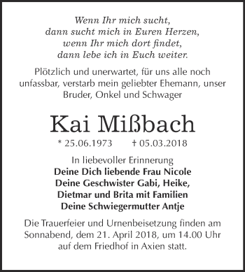 Traueranzeige von Kai Mißbach von WVG - Wochenspiegel Wittenberg