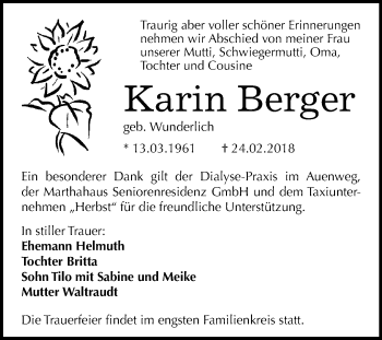 Traueranzeige von Karin Berger von Mitteldeutsche Zeitung Dessau-Roßlau