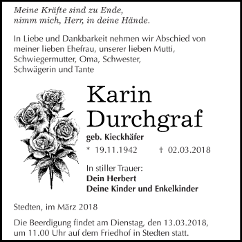 Traueranzeige von Karin Durchgraf von Super Sonntag SGH Mansf. Land