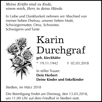 Traueranzeige von Karin Durchgraf von Mitteldeutsche Zeitung