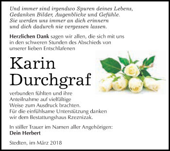 Traueranzeige von Karin Durchgraf von Wochenspiegel Mansfelder Land