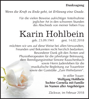 Traueranzeige von Karin Hohlbein von Mitteldeutsche Zeitung