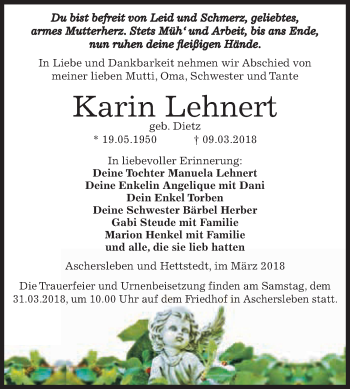 Traueranzeige von Karin Lehnert von Super Sonntag Aschersleben