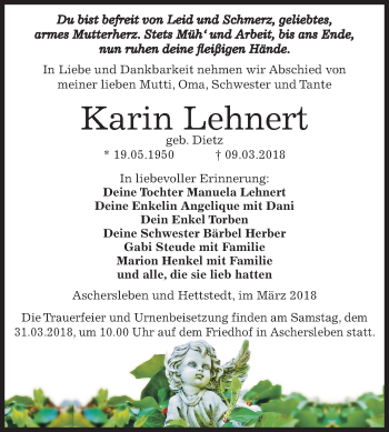 Traueranzeige von Karin Lehnert von Mitteldeutsche Zeitung Aschersleben