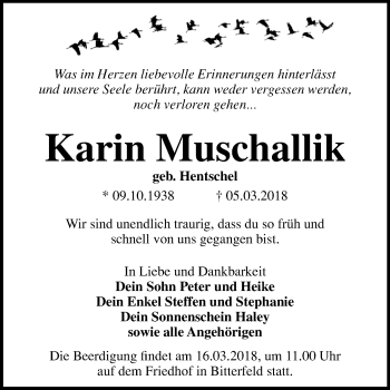 Traueranzeige von Karin Muschallik von Mitteldeutsche Zeitung Bitterfeld