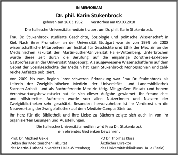 Traueranzeige von Karin Stukenbrock von Mitteldeutsche Zeitung Halle/Saalkreis