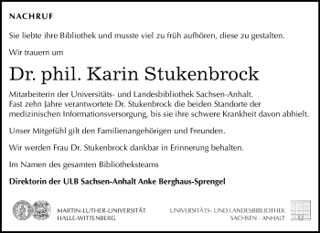 Traueranzeige von Karin Stukenbrock von Mitteldeutsche Zeitung Halle/Saalkreis