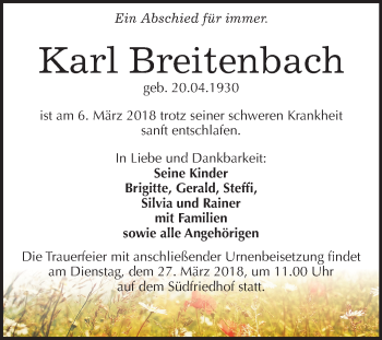Traueranzeige von Karl Breitenbach von Mitteldeutsche Zeitung Halle/Saalkreis