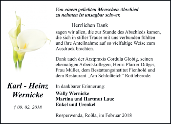 Traueranzeige von Karl - Heinz Wernicke von Mitteldeutsche Zeitung Sangerhausen