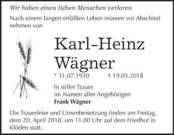 Traueranzeige von Karl-Heinz Wägner von WVG - Wochenspiegel Wittenberg