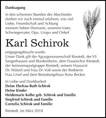 Traueranzeige von Karl Schirok von Super Sonntag SGH Mansf. Land