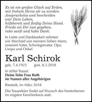 Traueranzeige von Karl Schirok von Super Sonntag SGH Mansf. Land