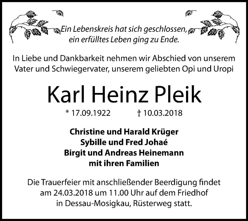  Traueranzeige für Karl Heinz Pleik vom 17.03.2018 aus Mitteldeutsche Zeitung