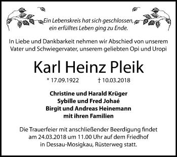 Traueranzeige von Karl Heinz Pleik von Mitteldeutsche Zeitung