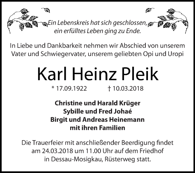  Traueranzeige für Karl Heinz Pleik vom 17.03.2018 aus WVG - Wochenspiegel Dessau / Köthen