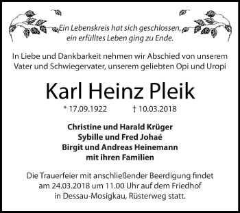 Traueranzeige von Karl Heinz Pleik von WVG - Wochenspiegel Dessau / Köthen