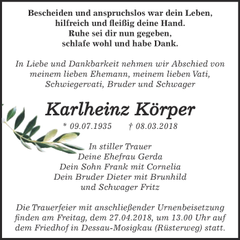 Traueranzeige von Karlheinz Körper von WVG - Wochenspiegel Dessau / Köthen