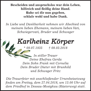 Traueranzeige von Karlheinz Körper von Mitteldeutsche Zeitung Dessau-Roßlau