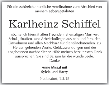 Traueranzeige von Karlheinz Schiffel von Super Sonntag Wittenberg