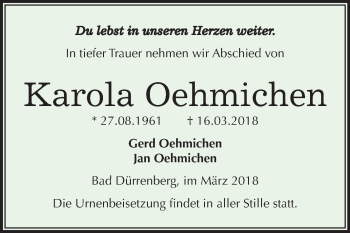 Traueranzeige von Karola Oehmichen von Mitteldeutsche Zeitung Merseburg/Querfurt