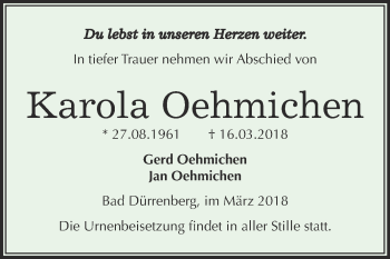 Traueranzeige von Karola Oehmichen von Super Sonntag Merseburg
