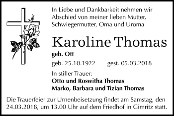 Traueranzeige von Karoline Thomas von Mitteldeutsche Zeitung Halle/Saalkreis