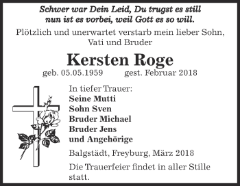 Traueranzeige von Kersten Roge von WVG - Wochenspiegel NMB / WSF / ZTZ