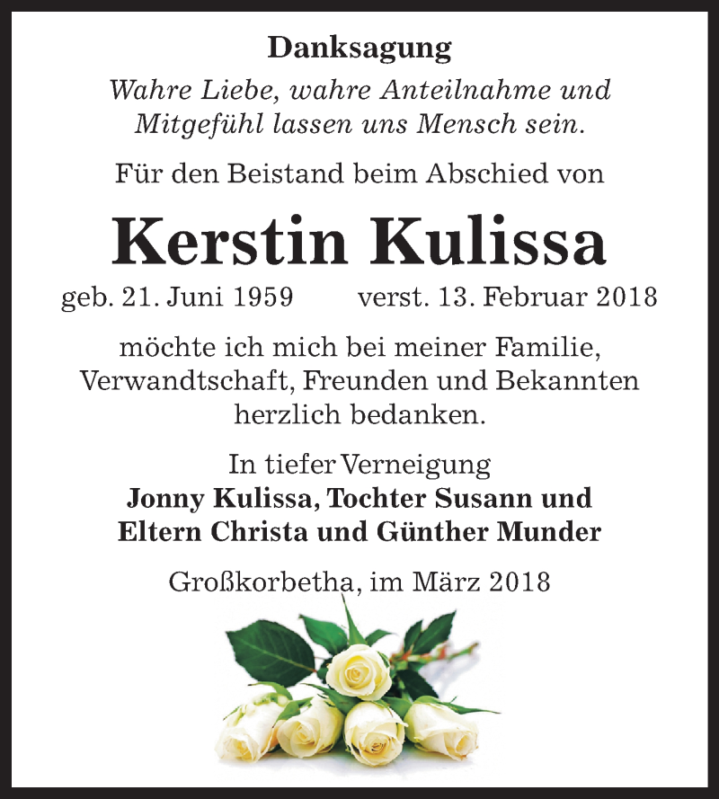  Traueranzeige für Kerstin Kulissa vom 17.03.2018 aus Mitteldeutsche Zeitung Weißenfels