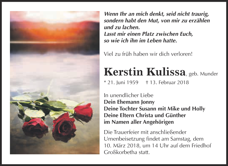  Traueranzeige für Kerstin Kulissa vom 07.03.2018 aus WVG - Wochenspiegel NMB / WSF / ZTZ