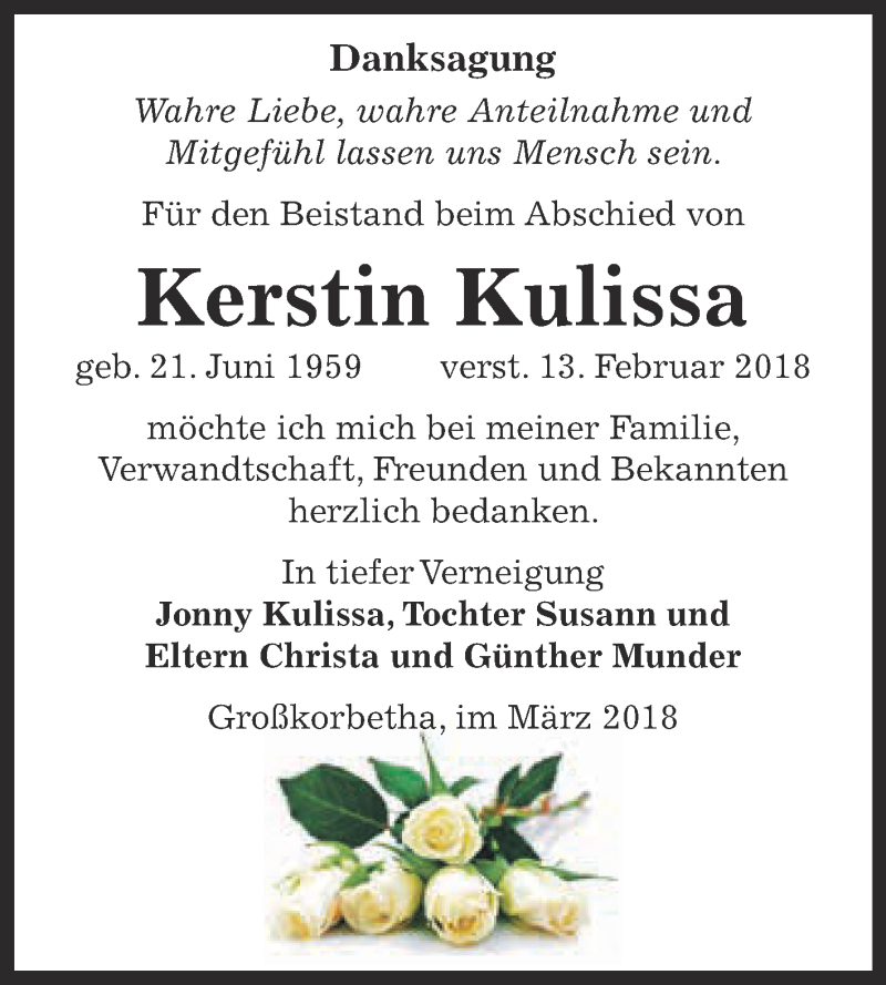  Traueranzeige für Kerstin Kulissa vom 21.03.2018 aus WVG - Wochenspiegel NMB / WSF / ZTZ