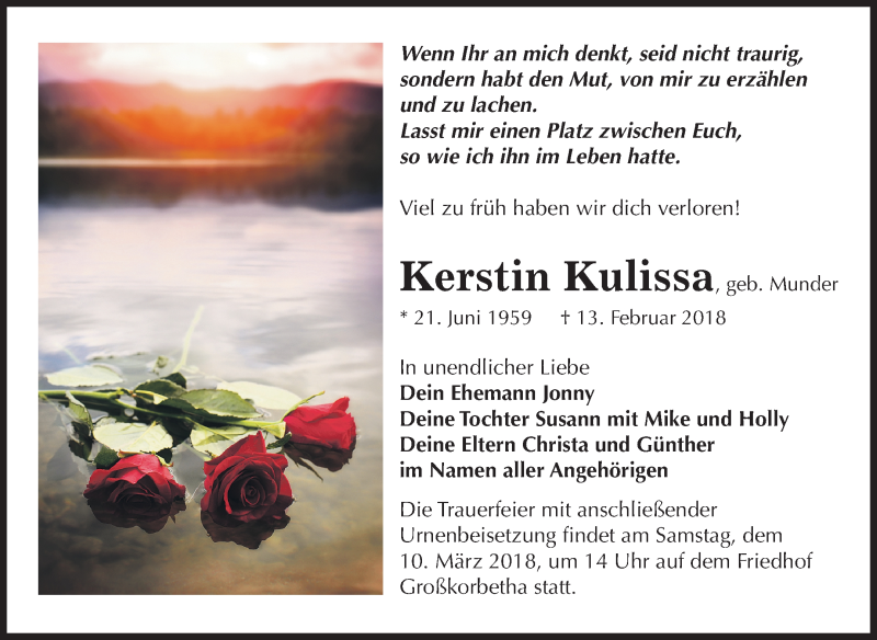  Traueranzeige für Kerstin Kulissa vom 03.03.2018 aus Mitteldeutsche Zeitung Weißenfels