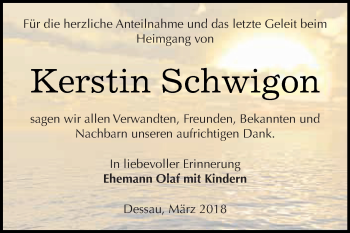 Traueranzeige von Kerstin Schwigon von WVG - Wochenspiegel Dessau / Köthen